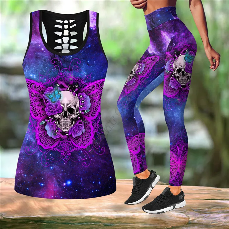 

Skull Galaxy Butterfly Combo Outfit Leggings and Hollow out Tank Top Suit Yoga Fitness Soft Legging Summer Women For Girl 02
