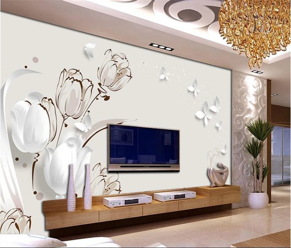 

beibehang Large custom wallpaper 3d stereo tulip butterfly TV background living room wall home decoration