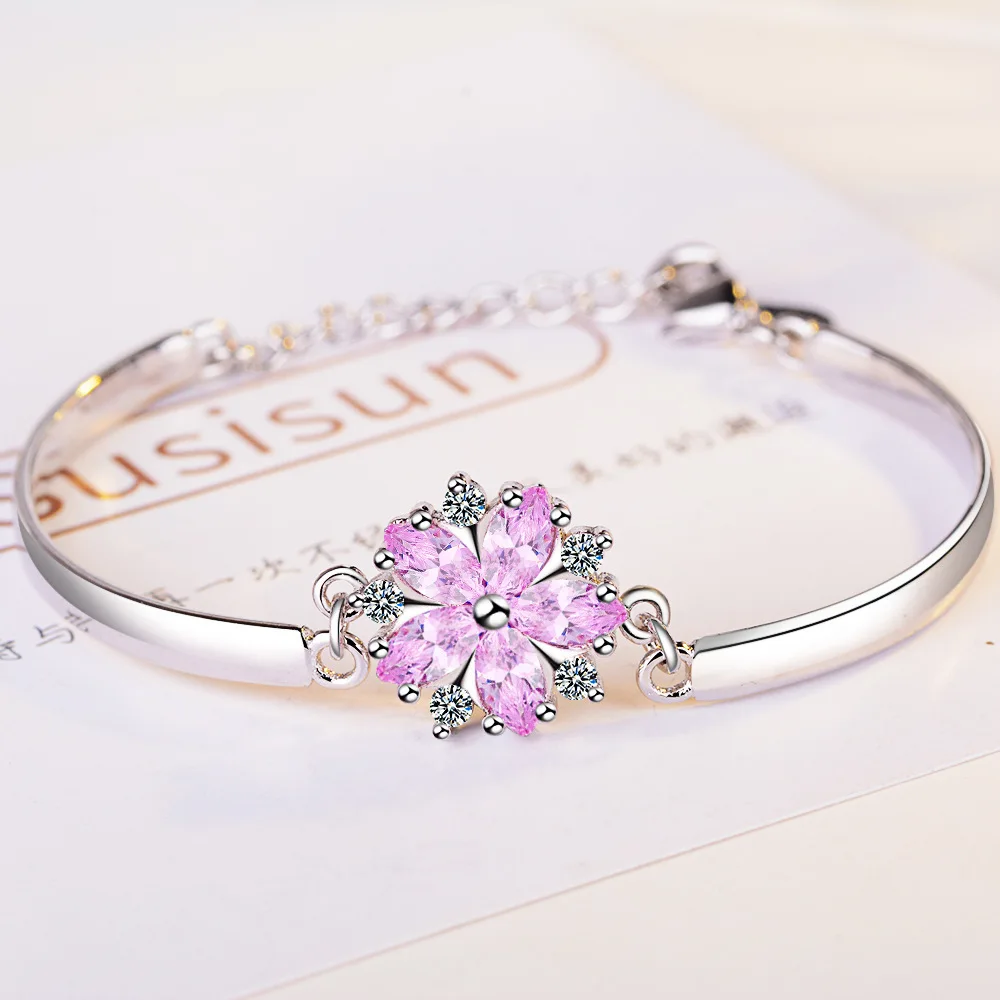 

Japanese Trend Silver Plated Pink CZ Crystal Cherry Blossoms Flower Women Bracelets AAA Zircon Fashion Bracelet Jewelry Gift