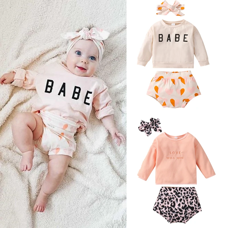 

3 Pcs Baby Girls Casual Outfits Set Letter Pattern Long Sleeve Round Neck Sweatshirt Love/Leopard Print Shorts Bow Headband Set
