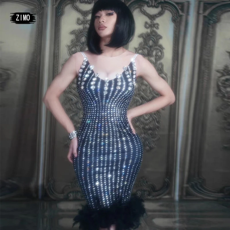 модные Блестящие стразы черное платье без рукавов миди спандекс перо для дня