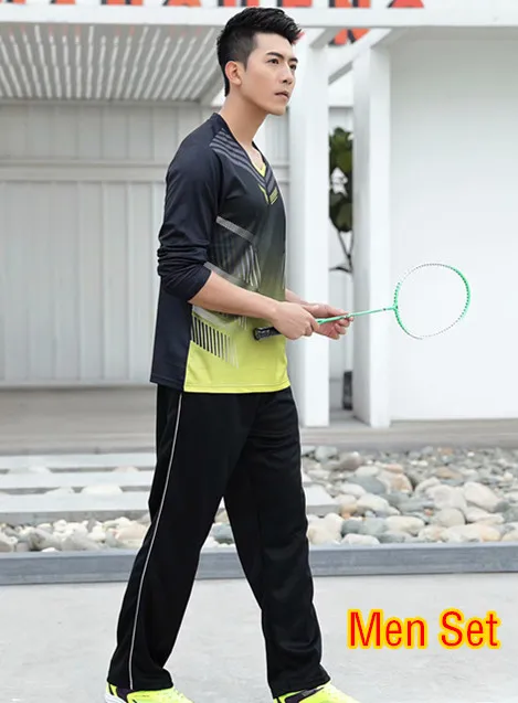 black men set High Quality Women& Men Long Sleeve Tennis Shirts Pants Tracksuits Autumn Badminton Set Table Tennis Uniform Sports Kit Custom - Цвет: black men set