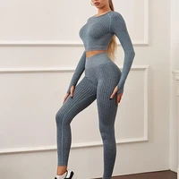 yoga casual suit stylish useful solid color ribbed long sleeve crop suit