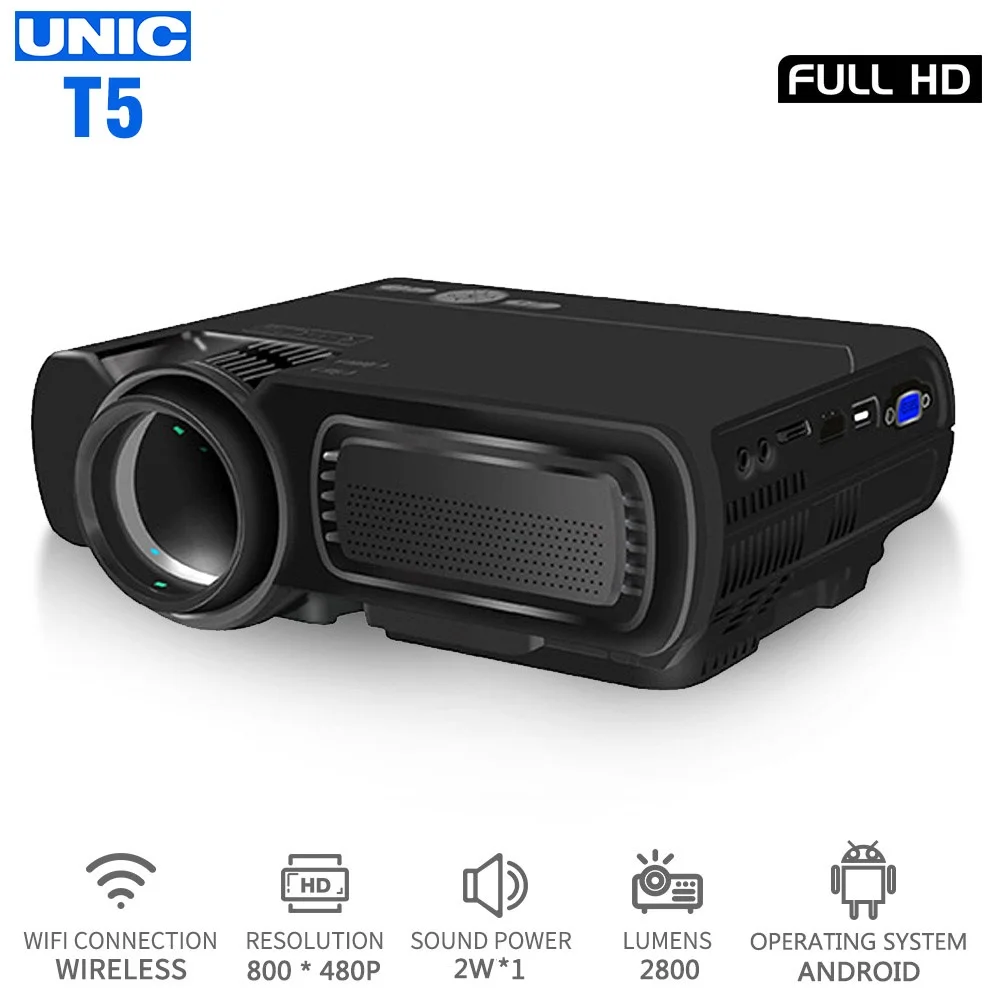 Мультимедийный проектор UNIC T5 светодиодный 3D 1080P 800X480 пикселей Wi Fi Bluetooth HDMI USB ЖК