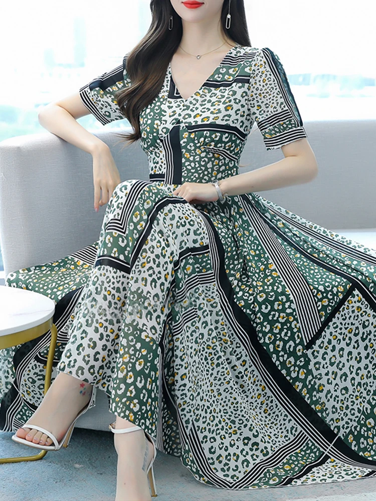 

Floral Chiffon Dress Women Summer 2021 New Long Posed Gown V-Neck Show Thin Leopard Lose Weight Short Sleeve Casual Dresses