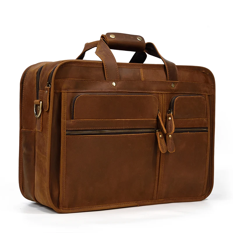 Luufan Men Cow Leather Briefcase Two Layer Large Capacity Crazy Horse Leather Business Bag For 16 inch Laptop Work Tote