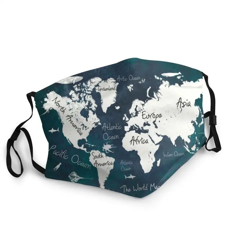

Синяя моющаяся маска для лица с картой мира, маска для взрослых, маска против пыли и смога, защитный чехол, респиратор, маска