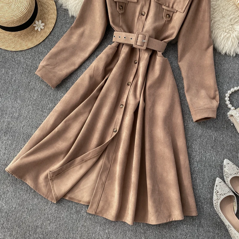 ALPHALMODA, модное женское платье, Осень-зима, французское ретро платье средней длины с поясом, сплошная шикарная одежда