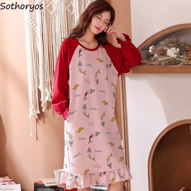 

Women Full Sleeve Sleepshirts Printed Sweet Girls Loose Ruffles Cozy Students Home Nightgowns Basic Cozy M-3XL Female Lounge Hot