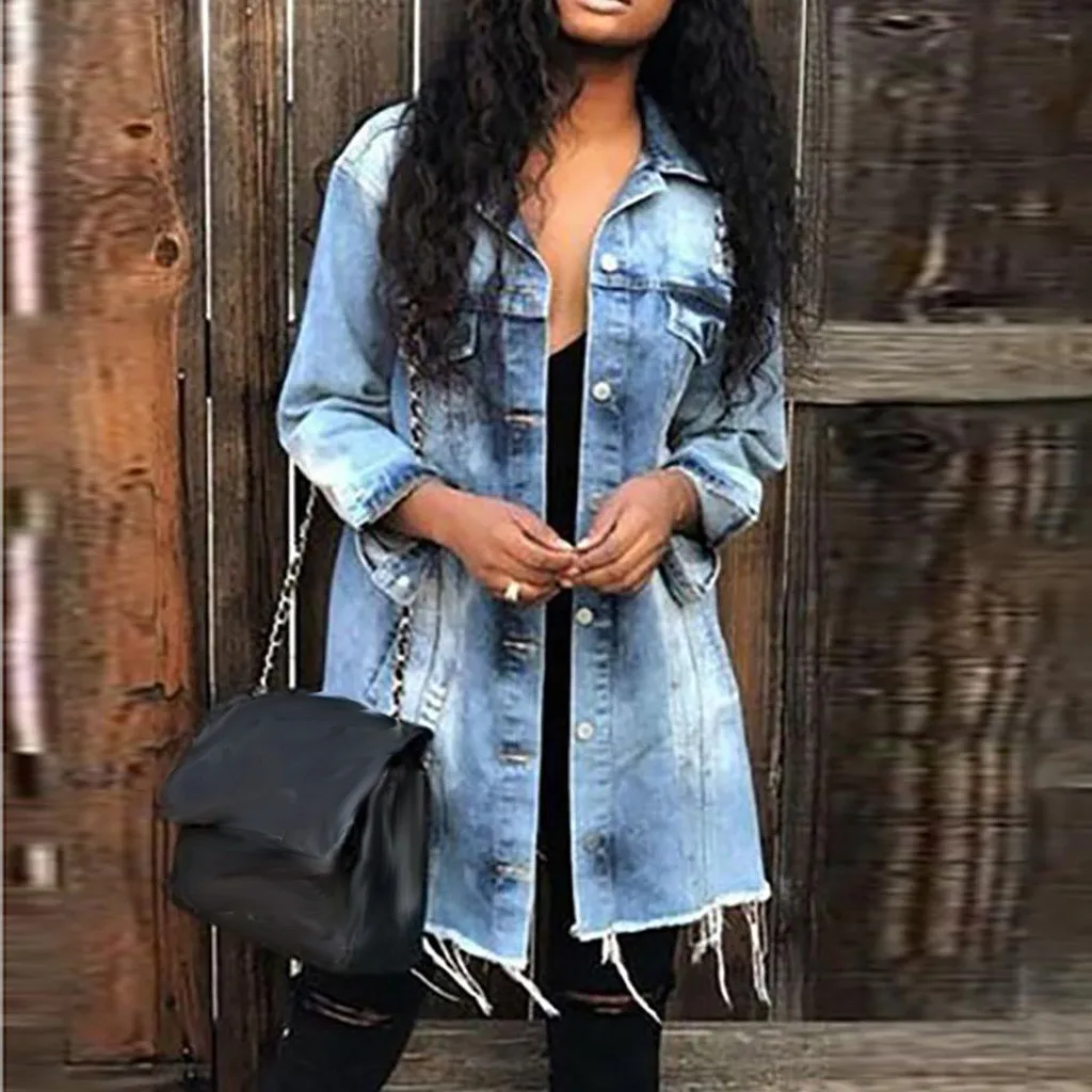 Женская джинсовая куртка в Корейском стиле на осень и зиму приталенное длинное