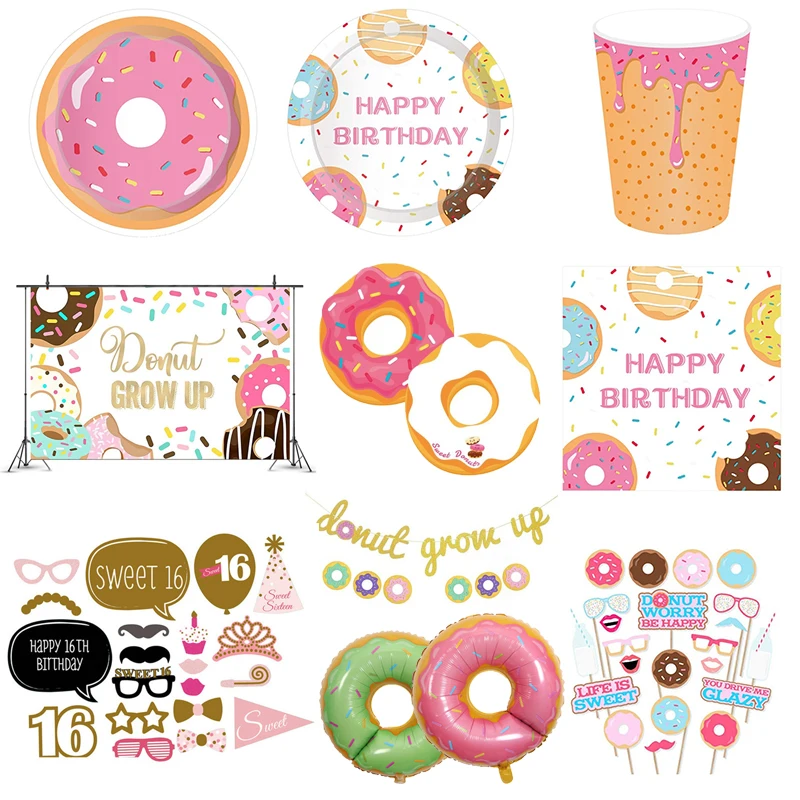 

Sweet 16th Donut Party Decoration Birthday Balloon Background Decoration Doughnut Grow up Happy Birthday Anniversary Baby Shower