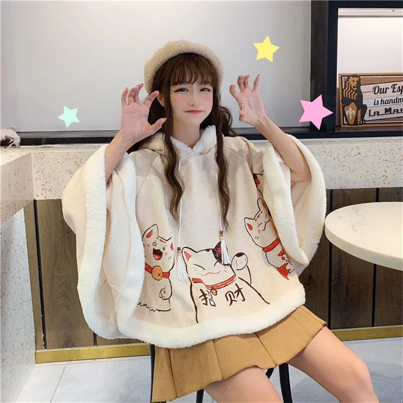 Autumn and Winter Cute Cat Ears Harajuku Trend Plus Velvet Thickened Student Lolita Female Japanese Soft Girl Warm Cloak Shawl