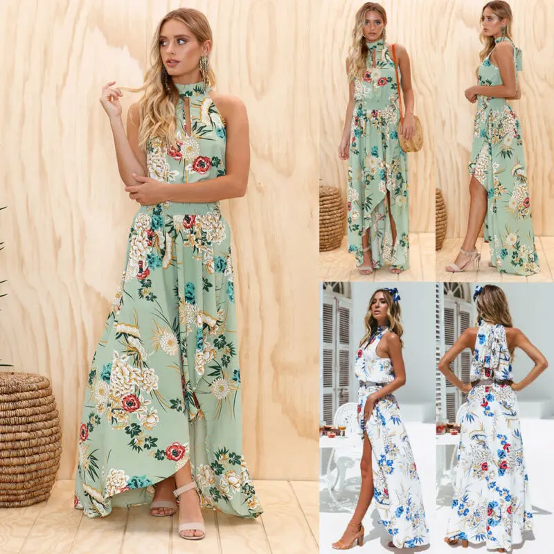 Женское длинное Макси платье Boho Летнее женское без рукавов Холтер зеленый белый