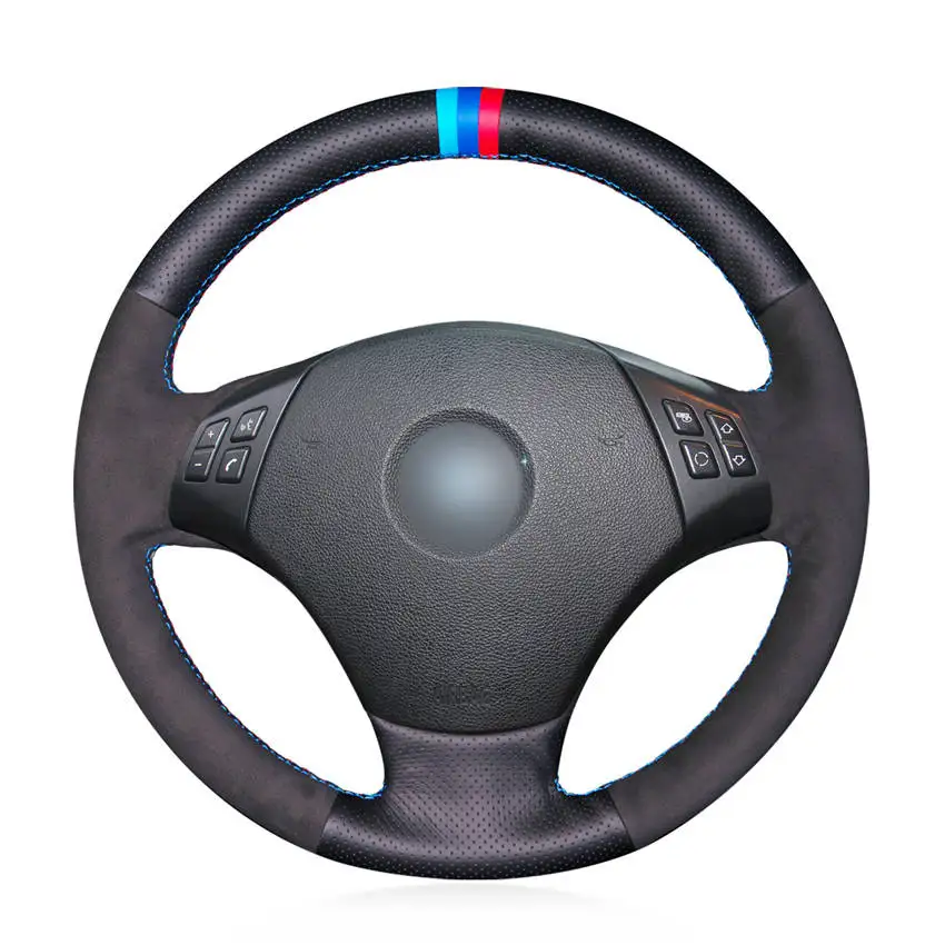 

Hand Sew Black Genuine Leather Suede Light Blue Blue Red Marker Car Steering Wheel Cover for BMW E90 320 318i 320i 325i 330i