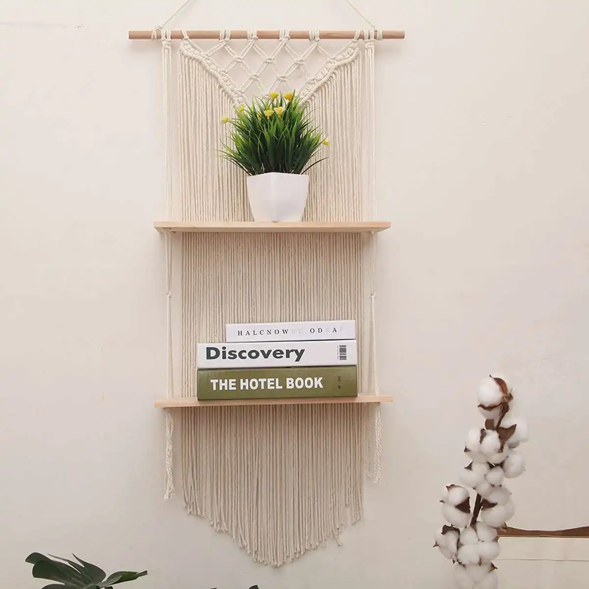 Prateleiras de Madeira para Parede Prateleiras de Suspensão de Parede Boêmio Mão-tecido Macrame Tapeçarias Rack 2 Camadas Prateleiras Decorativas Ornamento