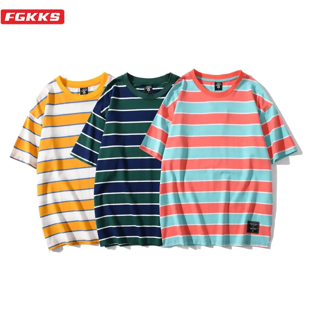

FGKKS Summer Men Stripe Short Sleeve T-Shirts Trendy Brand Men Cotton Casual Tee Shirt Base O-Neck Couple T Shirt Tops Male