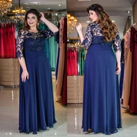 dark blue plus size lace evening dresses with half sleeves sheer bateau neck a line beaded prom gowns floor length chiffon form