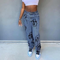 ladies casual abstract face embroidered jeans basic streetwear female print fashion clothes mid waist trousers retro clothing