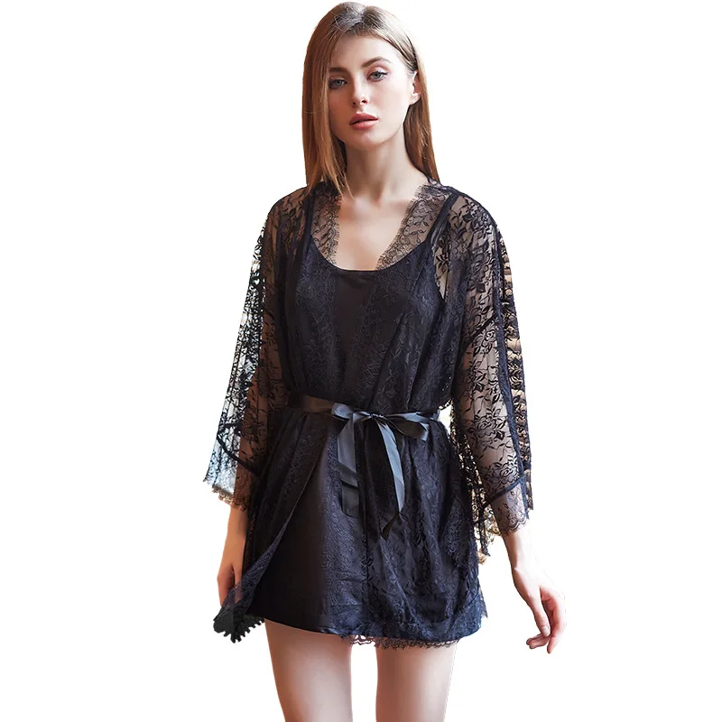 

Sexy Black Lace 2PCS Sleepwear Nighty&Robe Set Women Patchwork Nightgown Female Kimono Bath Gown Casual Loose Home Clothes