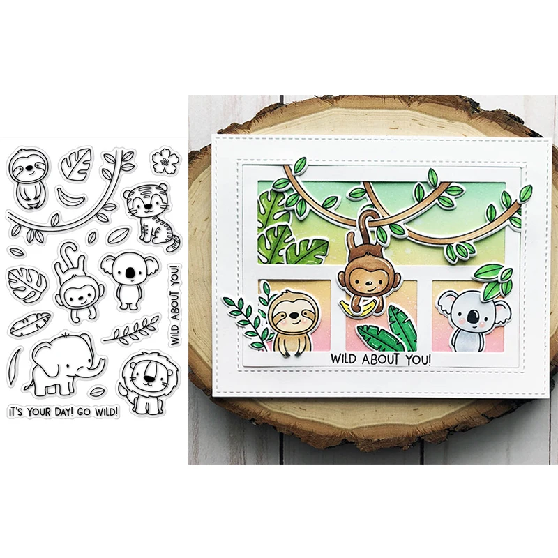 

Transparent Clear Stamps Happy Monkey Elephant Tiger Lion Graceful Plants Words For DIY Scrapbooking Cards Crafts 2019