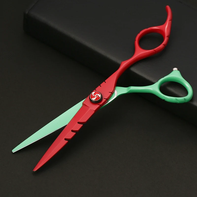 

1 Set of 7-Piece Barber Scissors Flat Cut Bangs Scissors Professional Red and Green Whirlwind Suit