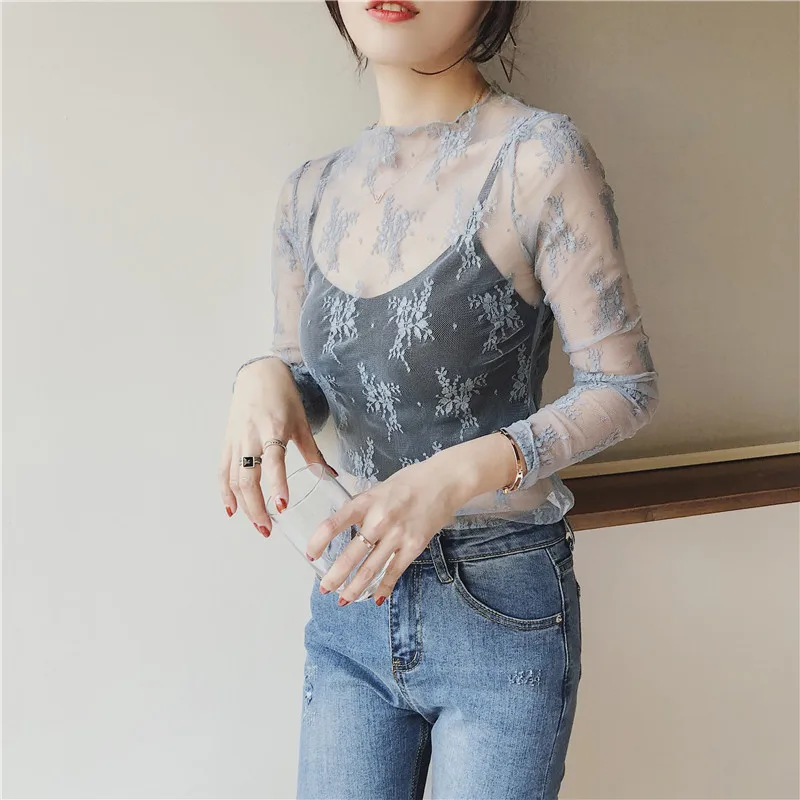 

Summer Women Lace Floral Embroidery Blouses Shirt Ladies tops Sexy mesh Blouses Transparent Elegant See-through Black Shirt