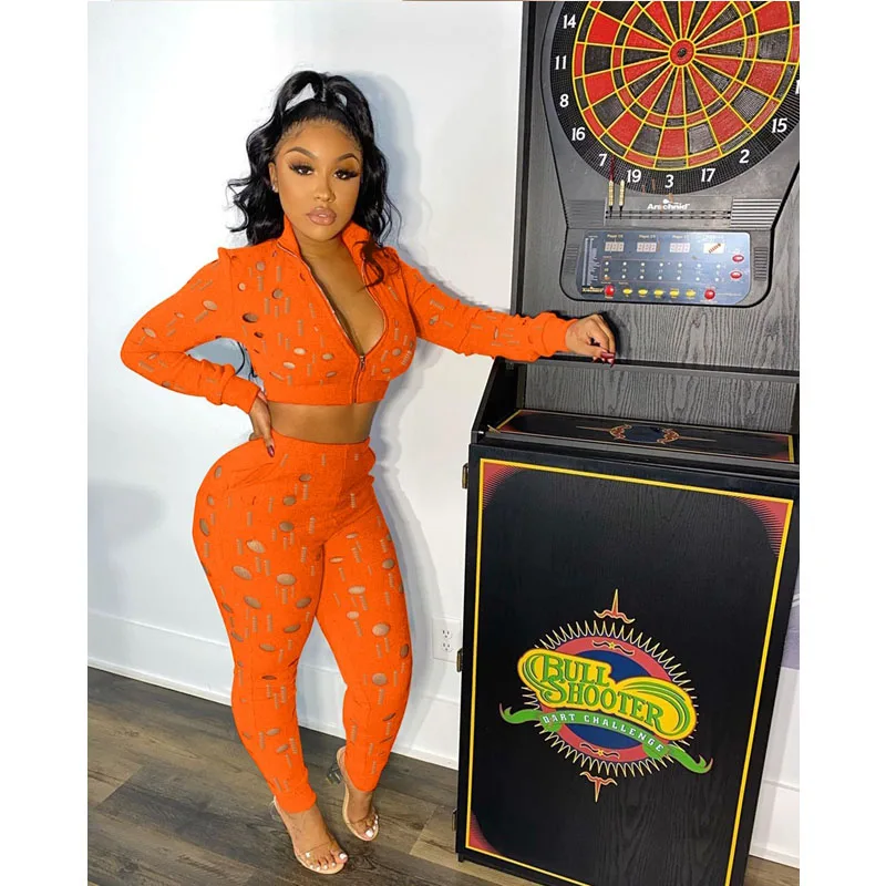 

Fall Clothes Sexy Two Piece Set Women Burnt Flower Hole Zip Coat Tops+Pants Sets Casual Club Outfits Streetwear Wholesale Items