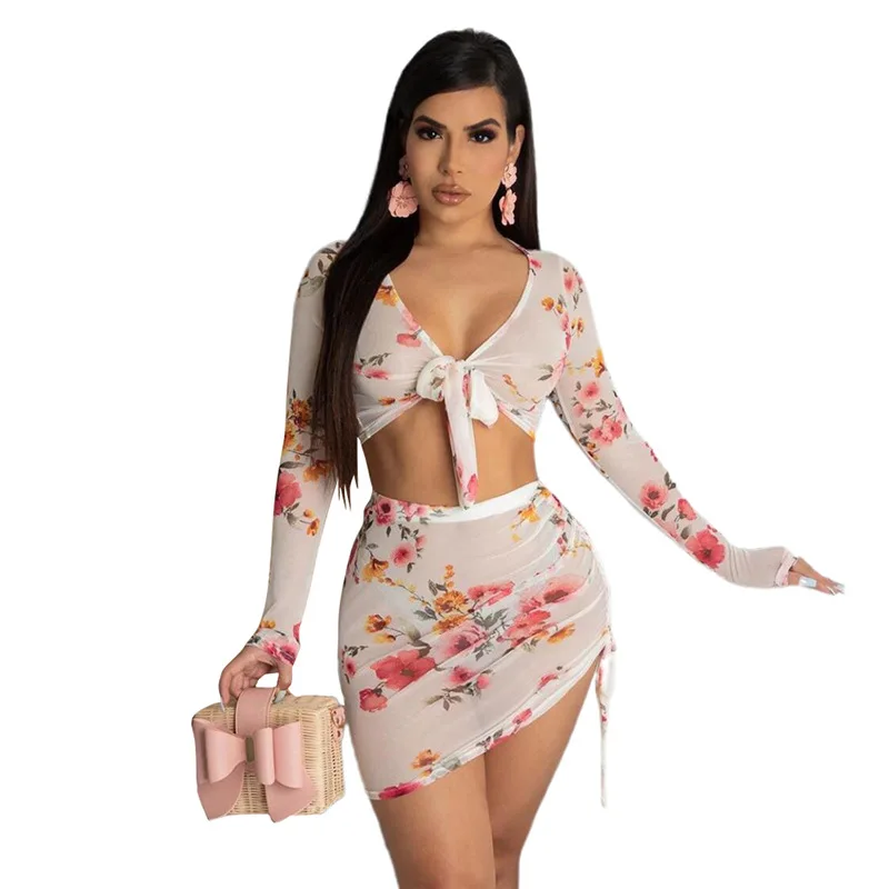 

Floal Print Women Summer Skirts Set Sexy V Neck Cardigan Crop Tops Shirring Pencil Skirt Casual Elegant Streetwear Outfits 2021