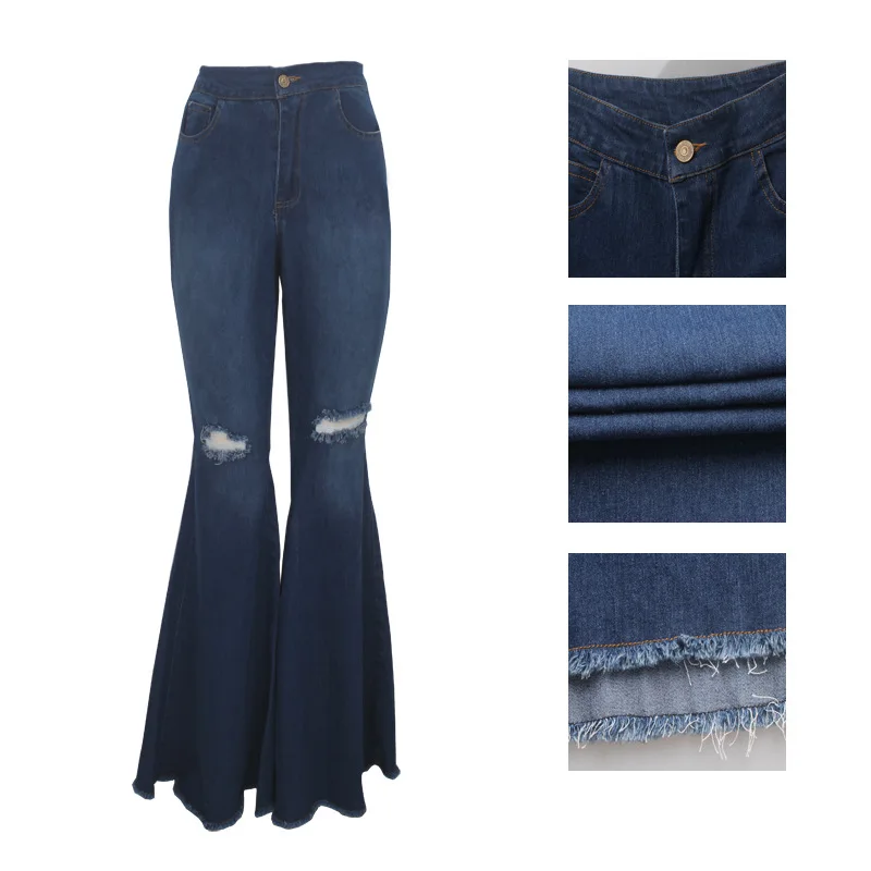 Blue Flare Jeans Stretch Wide High Waist Women Fashion Denim Pants Leg Hole Trousers Lady Casual Bell-Bottoms | Женская одежда