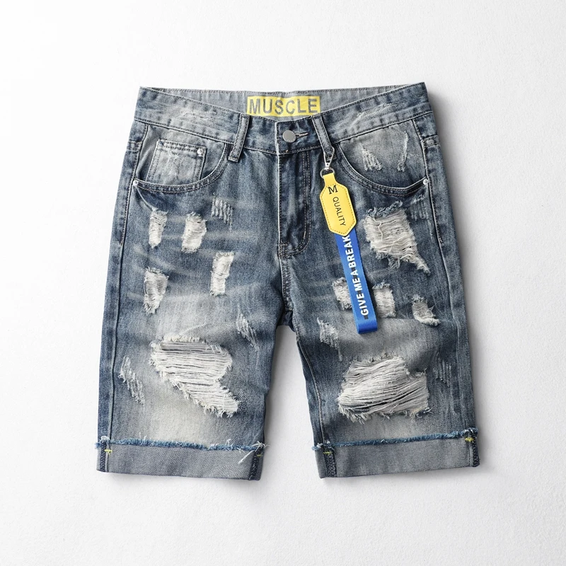 

Summer Casual Denim Shorts Men Hole Cotton Fashion Knee Length Shorts Men Large Size Cotton Pop Slim Denim Shorts