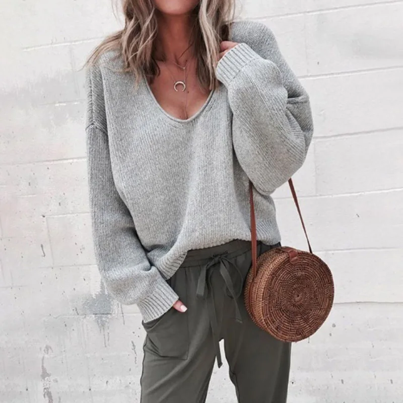 

Casual Knitted Sweater Women Streetwear V Neck Long Sleeve Pullovers Loose Solid Coat 2019 Autumn Winter Fashion Women's Sweater