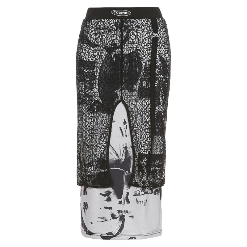 

Women Gothic Punk High Waist Slim Midi Long A-Line Skirt Harajuku Abstract Portrait Print Split Lace Splicing Streetwear