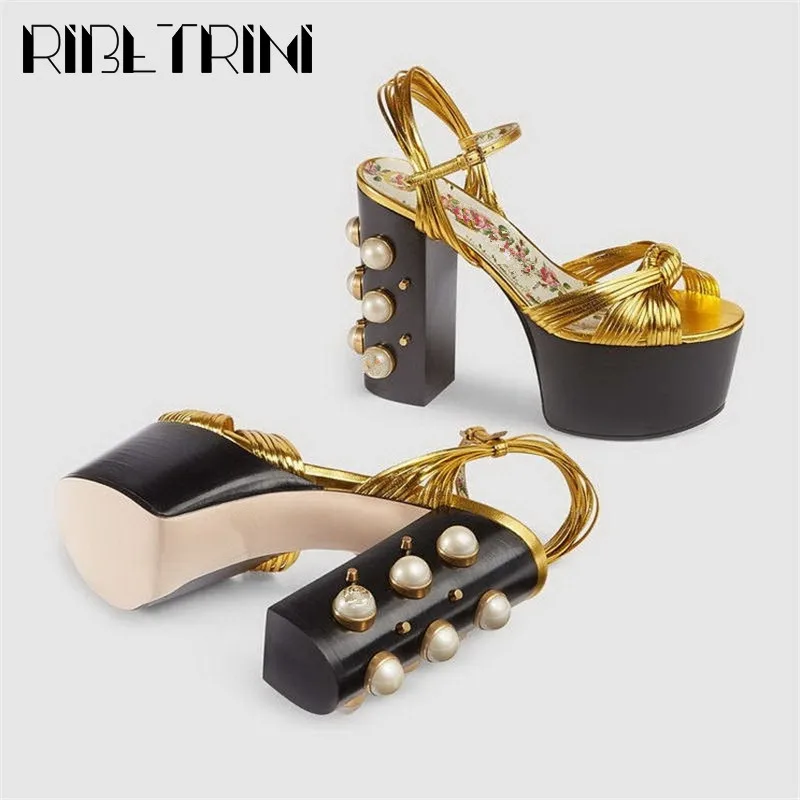 

RIBETRINI Luxury Brand Women Summer Fashion Metallic Platform Sandals Women 34-42 Super High Chunky Heels Women Shoes Woman