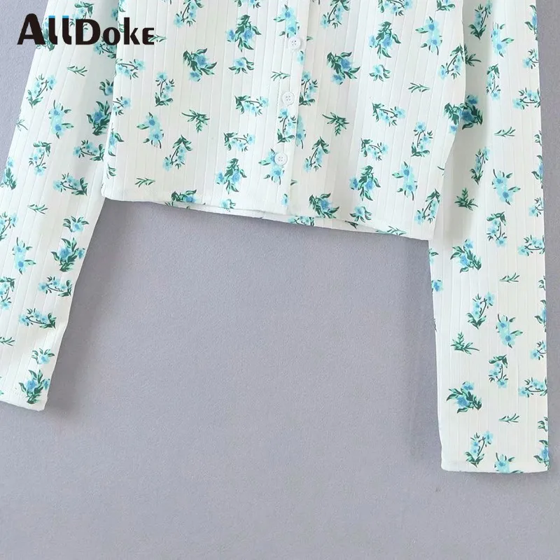 

Alldoke Floral Print Spring Summer Knitted Shirt Women V-neck Long Sleeve Button Cardigan Top Casual Short Cardigans Femme