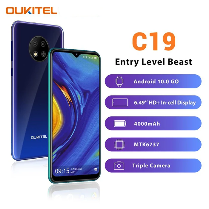 

OUKITEL C19 6.49'' Waterdrop 4000mAh 2GB+16GB Smartphone Quad Core 13MP Android 10 Global Version Triple Camera 4G Mobile Phone