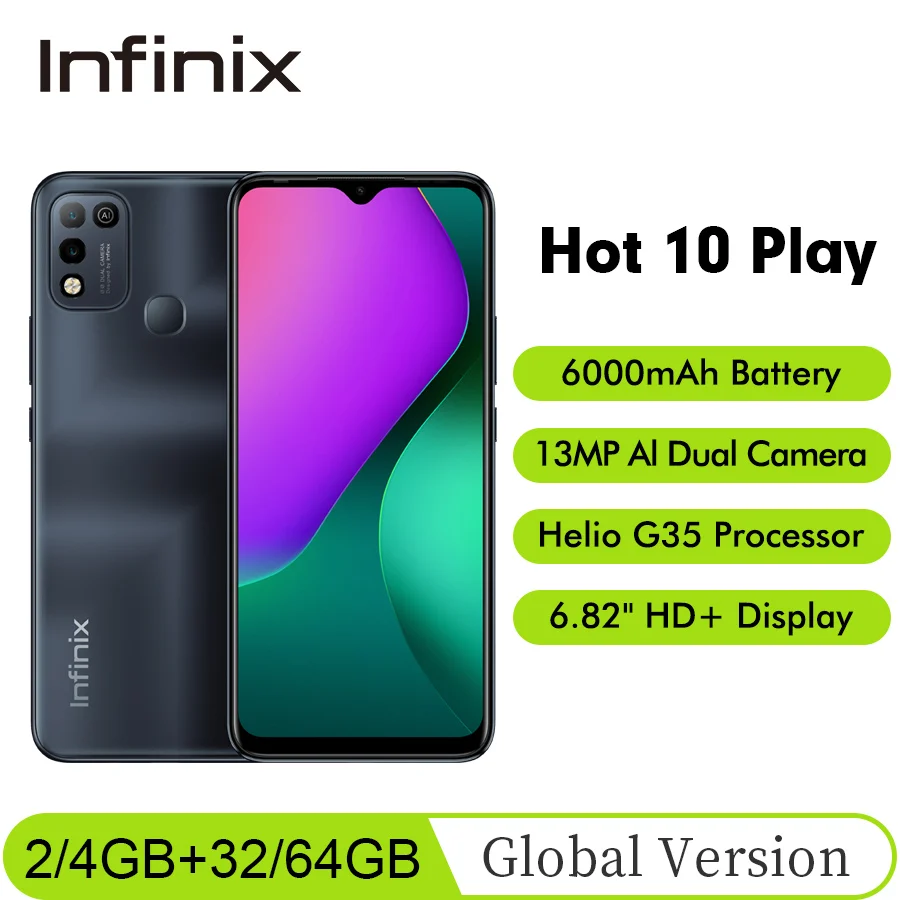 

Смартфон глобальная версия Infinix Hot 10 Play, 6,82 дюйма, HD + дисплей, 2/4 ГБ, 32/64 ГБ, helio G25, 13 МП, двойная задняя камера, мобильный телефон
