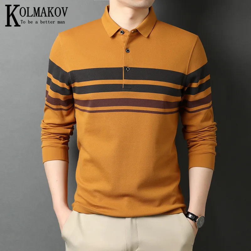 

KOLMAKOV Men's New Spring Cotton Long-Sleeved T-Shirts Casual Cotton Lapel Striped T-Shirt For Young And Middle-Aged Men