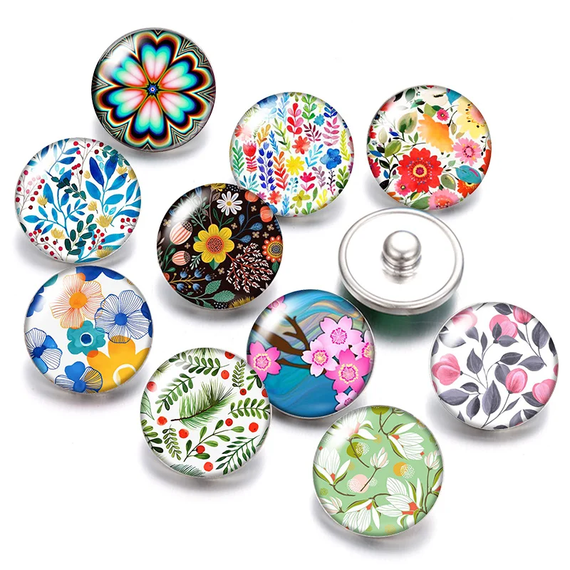 

DB0569 Beauty drawing Flowers Daisy 18mm snap buttons 10pcs mixed round photo glass cabochon style for snap button jewelry