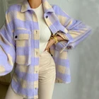 Женская клетчатая куртка на пуговицах, фиолетовая безразмерная куртка в клетку с воротником и карманами, в стиле K-POP, большие размеры, 2022