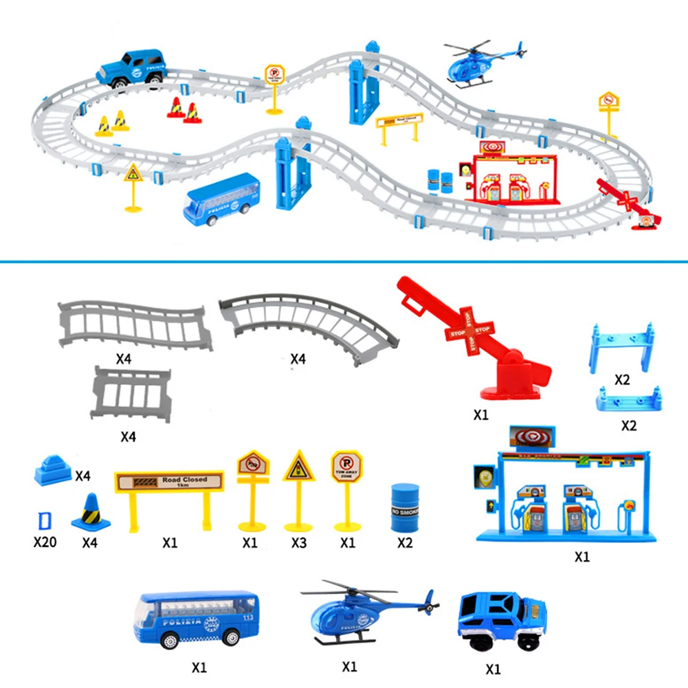 

57pcs Railway Police Car Fire Engine Engineering Vehicle Alloy Rail Car Racing Track Model Diy Assembled Toy Kids Gifts
