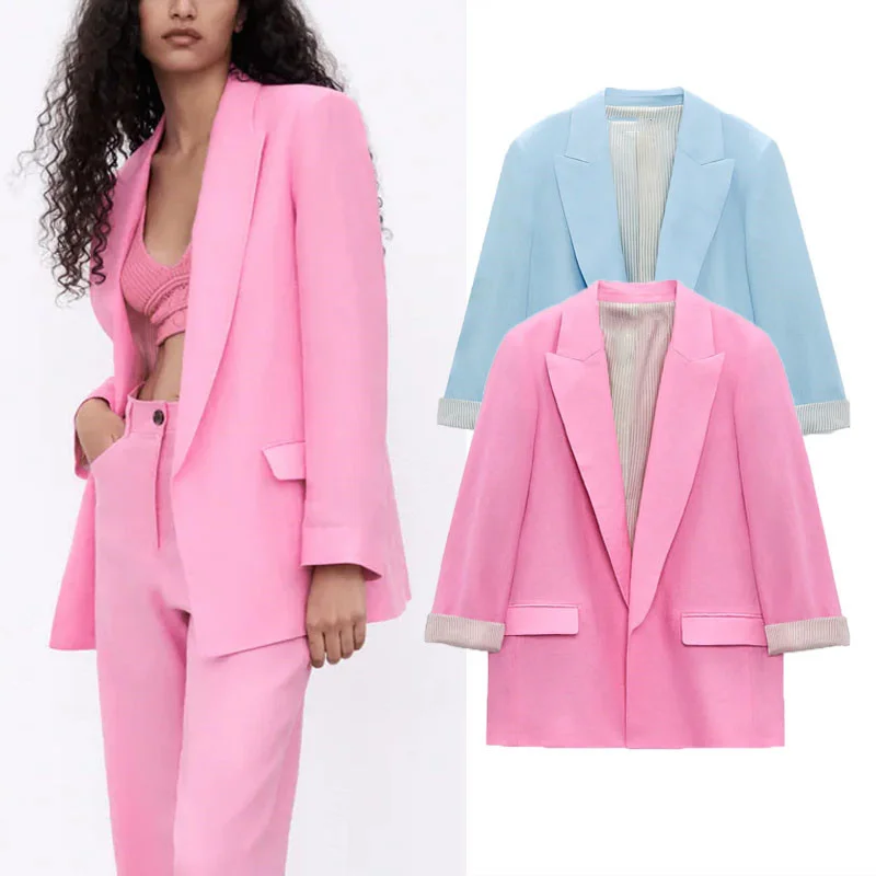 

2021 Za Linen Print Cuff Woman Blazers Vintage Pink Blue Lapel Long Sleeve Summer Blazer Fashion Flap Pocket Chic Ladies Blazers