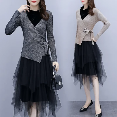 

Women Suits With Skirts Conbinaison Femme Two Piece Skirt Suit Knitted Women's Sweater Ensemble Femme Deux Pieces Woman Suit