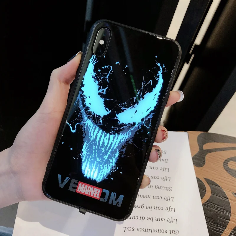 venom чехол из закаленного стекла для телефона для iPhone 6S 7 8PLUS XS MAX светодиодный роскошный стеклянный чехол для телефона