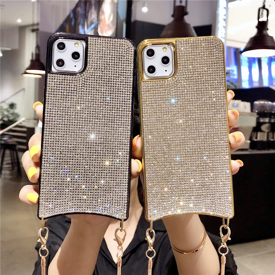 

Qianliyao Luxury Rhinestone Case For iPhone 12 11 Pro Max XR XS Max X 7 8 6S Plus Cases Long Gold Metal Chain Lanyard Soft Cover