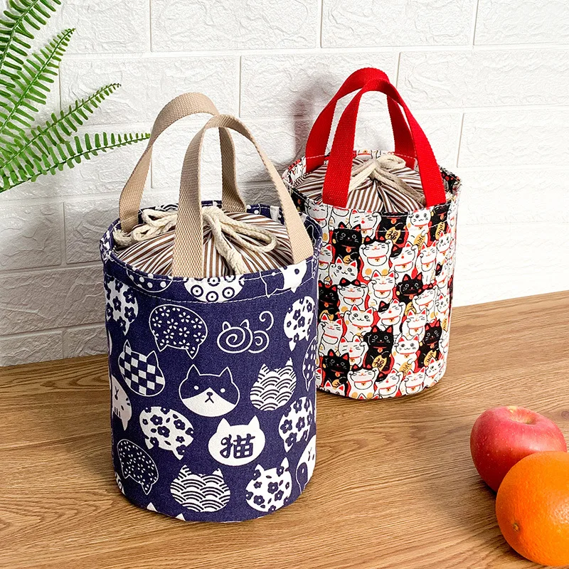 

Cute Cat Pattern Canvas Portable Thermal Bag Lunch Box Barrel Style Kawaii Drawstring Bento Bag Waterproof Aluminum Foil 3 Size