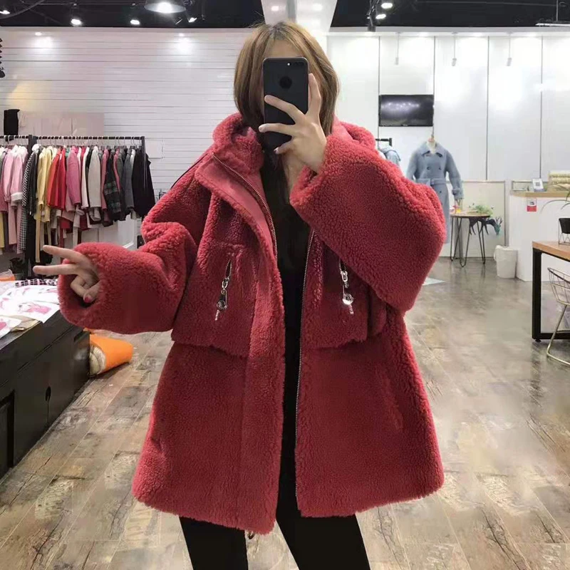 9 цветов Шерсть Шуба Толстая теплая Новая модная женская одежда зимняя парка овечья шерсть с капюшоном куртка из искусственной кожи плюс размер пальто