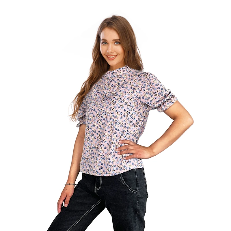 С цветочным принтом и оборками блузки для женщин Летние шифоновые топы дамы с