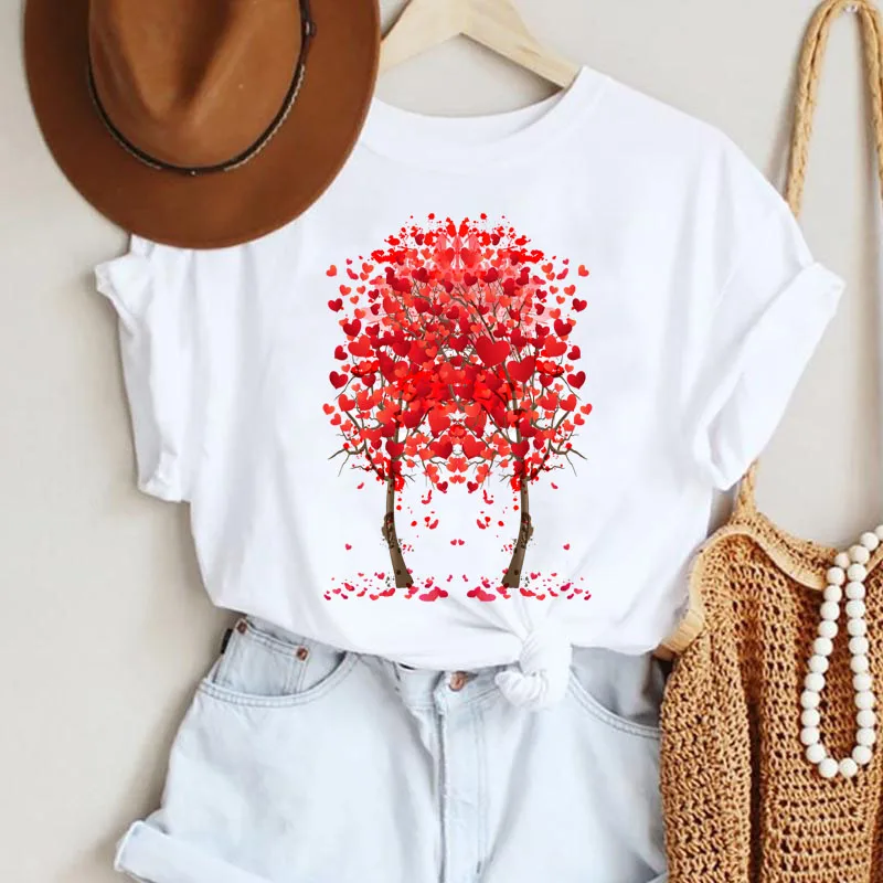 

Новая футболка с принтом красного сердца и цветов, женская модная футболка, женские милые футболки с коротким рукавом и графическим принтом в стиле Харадзюку, женские футболки, топы