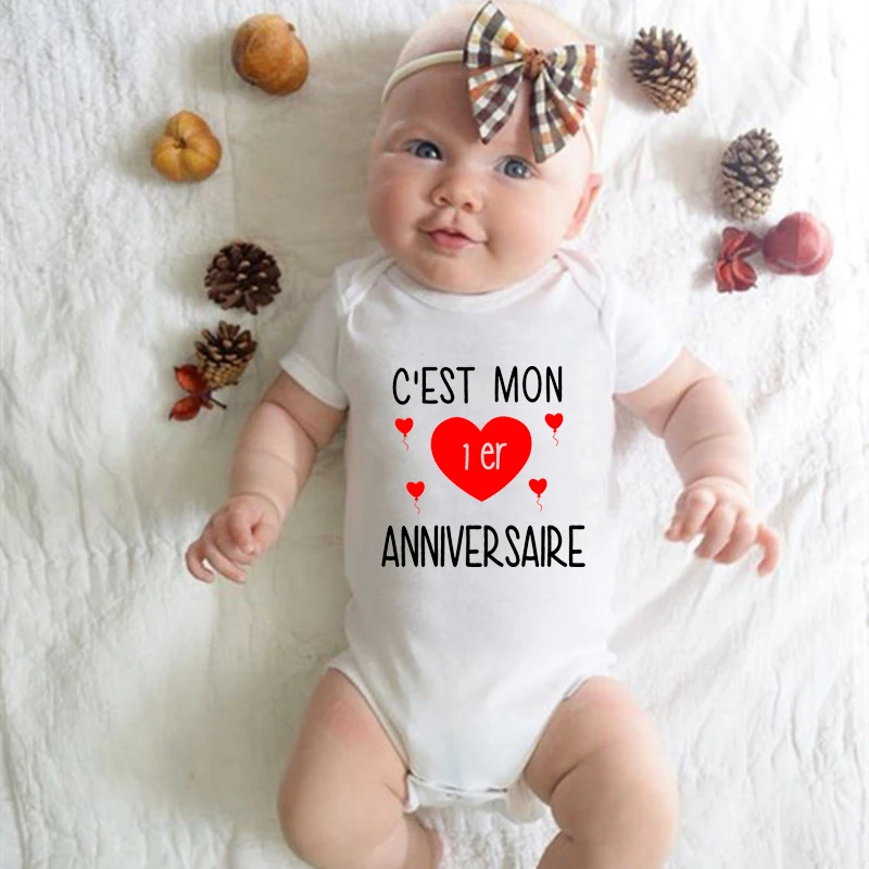 

C'est Mon 1er Anniversaire French Baby Bodysuits Cotton Short Sleeve Boys Girls Rompers 1st Birthday Infant Jumpsuit Body Outfit
