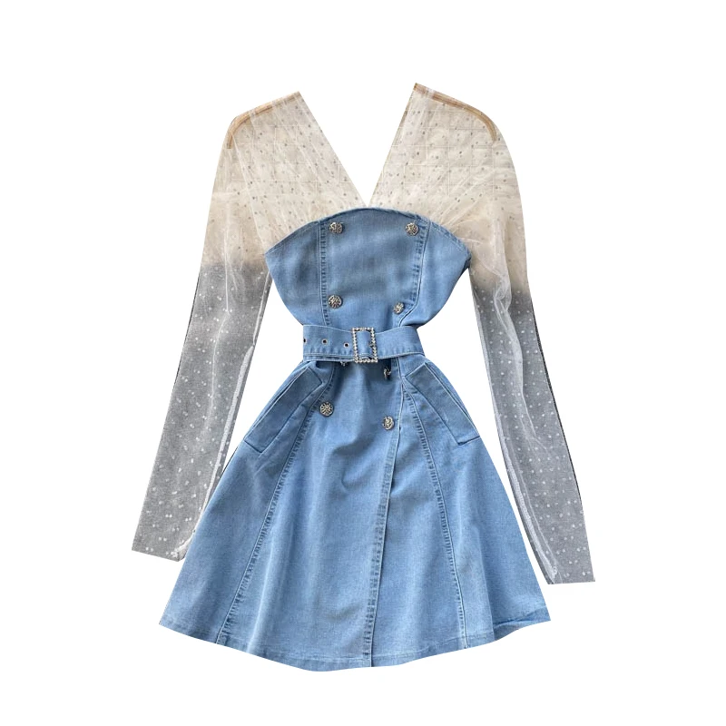 

Women Retro Denim Dress Korean Splice Dot Mesh Long Sleeve V Neck A-line Dresses Summer Fashion Streetwear Short Dress